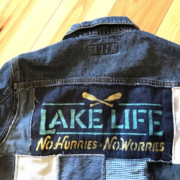 Upcycled Denim Patch Jacket: Lake Life Theme Patchwork Jean Coat, Women’s Large - Picture 8 of 12